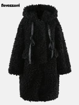 Lautaro Winter Long Oversized Casual Thick Warm Blue Thick Warm Fuzzy Fluffy Faux Fur Coat Women with Hood Zipper Fashion 2023