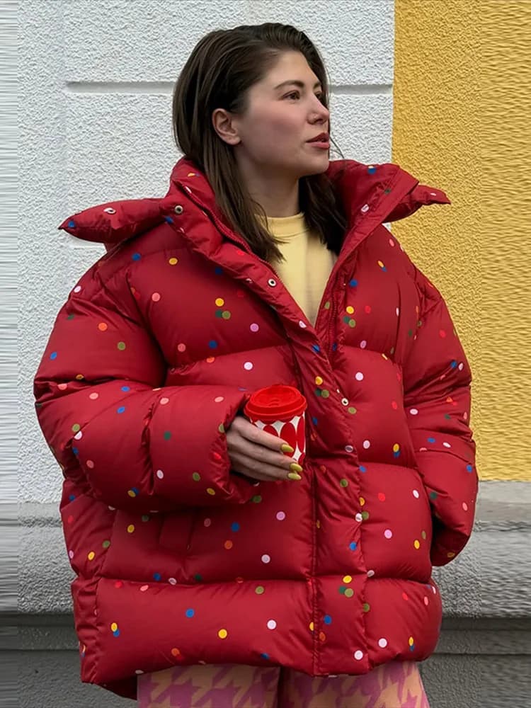 Women's Jacket Winter Oversized Coats Print Hooded Padded Jackets Female Stand Collar Long Sleeve Loose Puffy Coat Outerwear