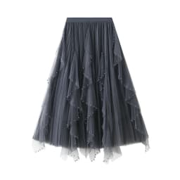 Women's Lotus Leaf Edge A Line Fairy Elastic Waist Tulle Skirt Midi High Waist Mesh Dress Solid Color Irregular Yarn Skirt D8808