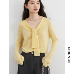 CHIC VEN Women Sweaters Pullovers Loose Casual New V-neck Lace Up Lightweight Female Knitted Jumpers Spring Autumn 2025