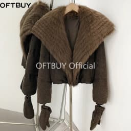 OFTBUY Duck Down Coat with Matching Gloves New Winter Warm Outerwear with Real Fox Fur Women Luxury Wool Blend Puffer Jacket