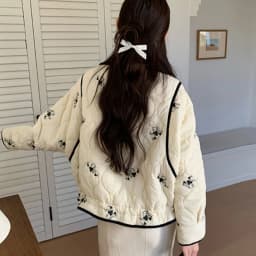 French Floral Printed Thick Short Padded Coat for Women Loose Fit All Match Winter Jackets Ladies Elegant Beige Warm Outerwear