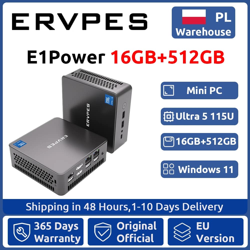 ERVPES E1Power Mini AI PC Intel Core Ultra 5 115U 8 Cores 10 Threads 16GB LPDDR5 512GB SSD WiFi Bluetooth USB HDMI Type-C Windows 11 Wifi 6 BT5.0