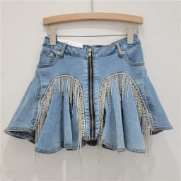 DEAT 3D Cutting Ruffled Edge Denim Skirts For Women 2024 Summer New Fashion Zipper Splicing Pleated Elastic Skirt Female 11A0198
