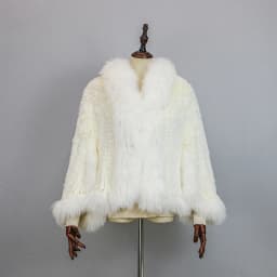 New Extra Long Real Genuine Natural Knitted Rabbit Fur Shawl Coat with Fox Fur Collar Women's Fashion Knit Jacket Cape