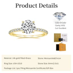 Lnngy Certified 8mm 2ct Moissanite Solitaire Ring 14K Gold Filled Engagement Rings For Women Wedding Party Jewelry Gift