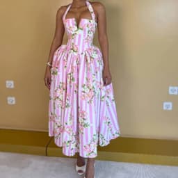 Sweet Printed Tie Neck Maxi Dress V Neck Slim Waist Cinched Flowy Maxi Dress 2026 Summer European Women Beach Vacation Dress