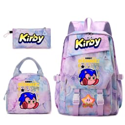 Kirby Cartoon Print Student Backpack Set for Girls with Lunch Bag and Pencil Case School Bookbag Lightweight Daypack