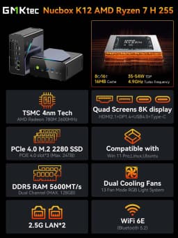 GMKtec K12 Mini PC AMD Ryzen™ 7 H 255 Dual DDR5 5600MT/s 3*SSD PCIe4.0 WiFi 6 BT 5.2 Dual 2.5G LAN OCulink Desktop Computer