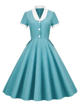 Tonval Shawl Collar Button Up Vintage Robe Plaid Long Dress Evening Elegant for Women Short Sleeve Pockets A-Line Dresses