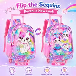4PCS Kids Rolling Backpack for Girls, Cute Cat Sequin Wheeled Bookbag, Pink Roller School Bag with Wheels for Elementary