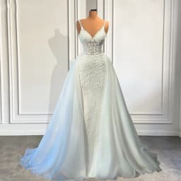 Flavinke Customized V Neck Mermaid Lace Wedding Dresses Sleeveless Illusion Beaded Satin Bridal Gowns With Detachable Train