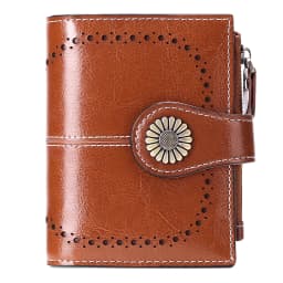 New Women RFID Blocking Genuine Leather Wallet Vintage Sunflower Buckle Short Purse 16 Card Slots ID Window Zipper Female Wallet
