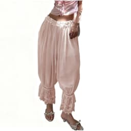 Lamuusaa y2k Pants Women Coquette Clothes Solid Color Ruffle Elastic Low Waist Wide Leg Loose Trousers with Lace Trim Streetwear