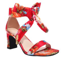 Classic Retro Style Printed Silk High Heel Sandals Flower Ankle Bow Knot Hollow Open Toe Women's Sandals Ethnic High Heel Shoes