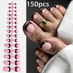 150Pcs Short Square Black French Tips Fake Toenails Matte Nude Pink Press On Toe Nails for Summer Daily Wearable False Toenail T