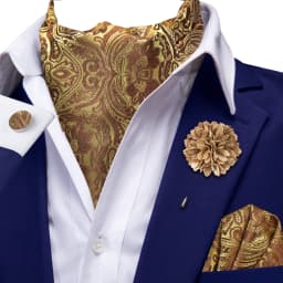 Hi-Tie 4pcs Mens Paisley Ascot With Brooch Black Blue Gold Beige Cravat Tie Hanky Cufflinks for Wedding Business Prom Gift