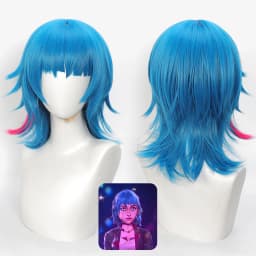 Arcane Jinx Cosplay Wig Blue Pink Highlight Short Synthetic Wig With Optional Double Buns For Halloween Game Role Play Costume