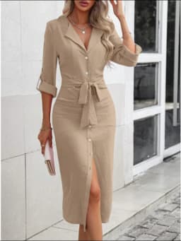 Office Lady V-neck Solid Color Shirts Style Dress Women's Long Sleeved Button Lace Up Dress Elegant Autumn Spring Dresses