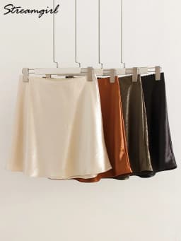 Black Satin Mini Skirts Women Summer Elegant A Line Skirt Ladies Office Beige Elastic Waist Women's Short Satin Skirt Brown 2026