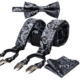 Silver Gold Red Black White Green Blue Pink Silk Mens Suspender Adjustable 6 Clips Braces Bowtie Hanky Cufflinks Set Barry.Wang