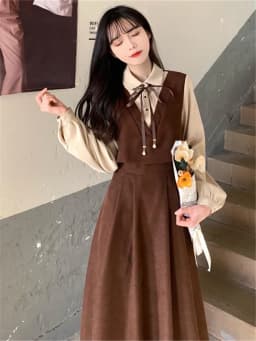 Spring Autumn Winter plus Size College Style Shirt Patchwork Hepburn Retro Dress Student a Line Skirt Long Sleeve High Waist