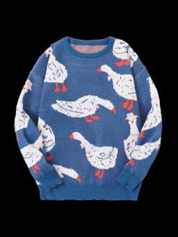 New Popular Autumn Winter Cute Duck Jacquard Pattern Pullover Sweater Casual Round Neck Contrast Color Knitted Men's Pullover