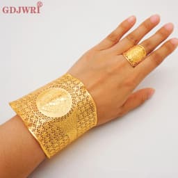 France Luxury Chain Cuff Bangle & Ring For Women Dubai Gold Color Indian Moroccan Big Bracelet Jewelry Arabic African Wedding