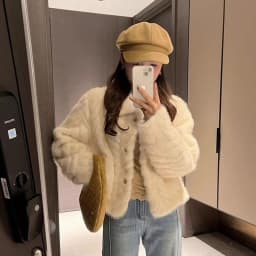 Chic Cream Women Faux Fur Jacket Lapel Collar Button Down Coat Long Sleeve Cropped Loose Luxury Cozy Winter Outerwear Top
