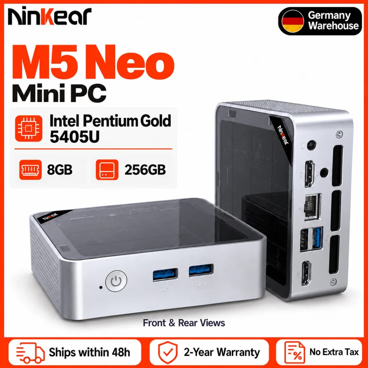 Ninkear M5 Neo Mini PC Intel Pentium Gold 5405U, 2 Cores 4 Threads, 8GB RAM, 256GB SSD, Windows 11, Dual HDMI, WiFi 5, Bluetooth 5.0, Gigabit Ethernet, Compact Desktop Computer for Home Office and Study