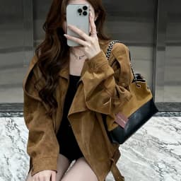 Women Faux Leather Coats Solid Jacket Turn Down Collar Long Sleeves Zipper Hem Belt Loose Fit Moto Streetwear 2026 Autumn Winter