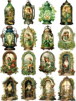 12Pcs/Pack Vintage Green Elf House Sticker DIY Craft Scrapbooking Album Junk Journal Decorative Stickers