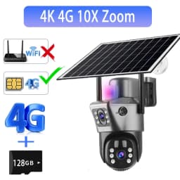 Solar Outdoor Surveillance Camera 4G Sim 6K 12MP Three Lens 10 Digital Zoom Wireless Cctv PTZ IP66 Security Solar Panel Cameras