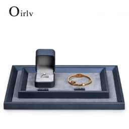 Oirlv Dark Blue PU Leather Jewelry Display Tray with Microfiber Jewelry Storage Pallet for Necklace Bangle Ring Earring Bracelet