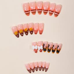 24pcs Cute Cartoon Black Cat Press On Nails 3D White Bowknots Pumpkin Pattern False Nails Stripes French Style Almond Fake Nail