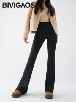 BIVIGAOS Autumn Winter Thin Fleece Sharkskin Micro Flared Pants Leggings Women Elastic High Waist Slim Warm Horseshoe Pants