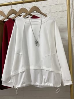 EAM Red Spliced Drawstring Hem Sweatshirt New Round Neck Long Sleeve Women Big Size Fashion Tide Spring Autumn 2026 30A5350