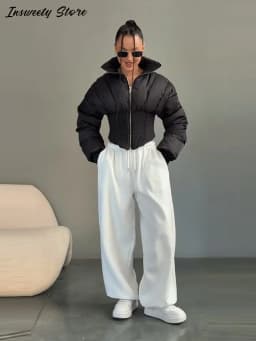 Fashion Solid Padded Coats Women's Stand Collar Full Sleeve Zipper Waist-cinching Warm Jacket 2026 Winter New Lady Outerwear