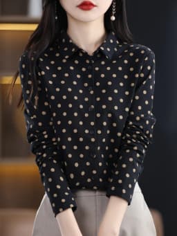 Women's New 100% Cotton Soft Sweater Polka-dot Knitted Polo Collar Long Sleeve Cardigan Spring Summer Shirt Ladies' Blouse Top