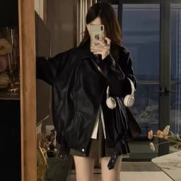 Faux Pu Leather Coats Women Solid Jackets Belt Zipper Turn Down Collar Long Sleeves Loose Casual Streetwear 2025 Spring Autumn