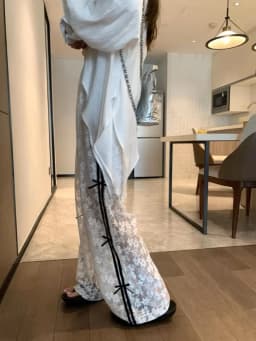 Lace Hollow out Splice Knot Wide Leg Pants Women's Spring Autumn New White Pants Straight Loose Casual Pants