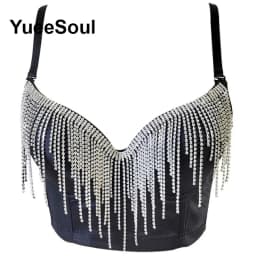 Black Y2K Tops White Rhinestone Sequins Tassel Slim Crop Top New Gothic Party Club Wedding High Street Sexy Corset Top Camis