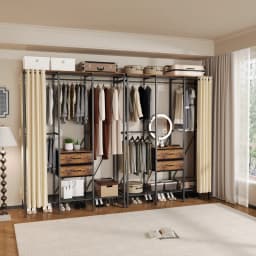 Industrial Coat Rack Stand, Open Wardrobe, Clothes Rail with 2 Drawer and Shelves, Bedroom Storage, Hanging Bar, XXL
