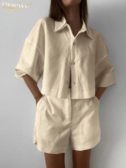 Clacive Summer Slim White Linen Two Piece Set Women Outfit 2023 Fashion Short Sleeve Shirts With High Waist Shorts Set Female