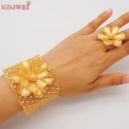 France Luxury Chain Cuff Bangle & Ring For Women Dubai Gold Color Indian Moroccan Big Bracelet Jewelry Arabic African Wedding