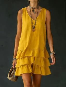 2026 Summer Casual Simple Solid Color Dress Women's Elegant Solid Color V-Neck Sleeveless Loose Layered Ruffle Edge Vest Dress