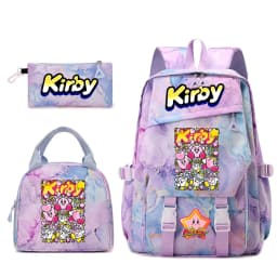 Kirby Cartoon Print Student Backpack Set for Girls with Lunch Bag and Pencil Case School Bookbag Lightweight Daypack