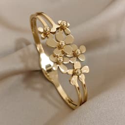 Greatera Stainless Steel Double Flower Cuff Bracelet Bangle for Women Gold Color Metal Floral Bracelets Waterproof Party Jewelry