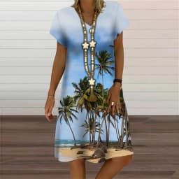 Natural Scenery Summer Tropic Beach Style 3D Print Dresses For Women Oversized Short Sleeve Loose Clothing Casual V-Neck Dress
