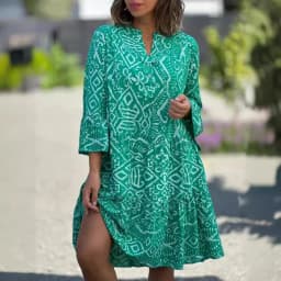 Summer Women's Loose Dress V-neck Button Pullover Flared Sleeve Vacation Fashion Casual Splicing Elegant Beach Midi Skirt